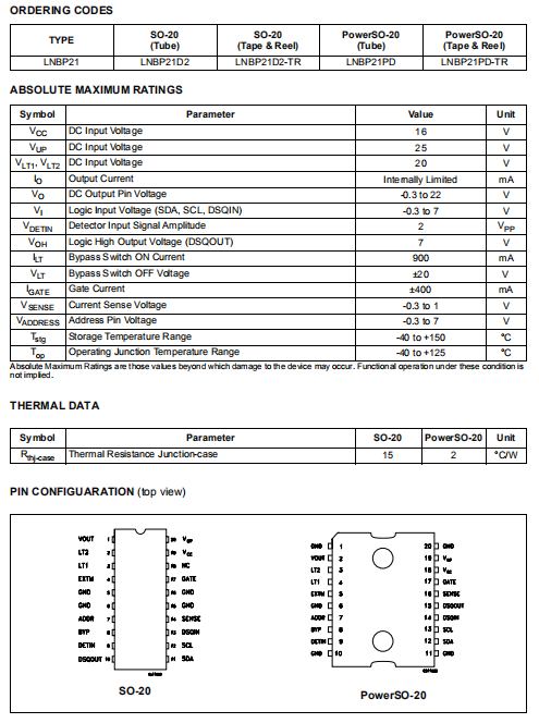 LNBP21 LNBP供应和控制IC 升压变换器与I2C接口